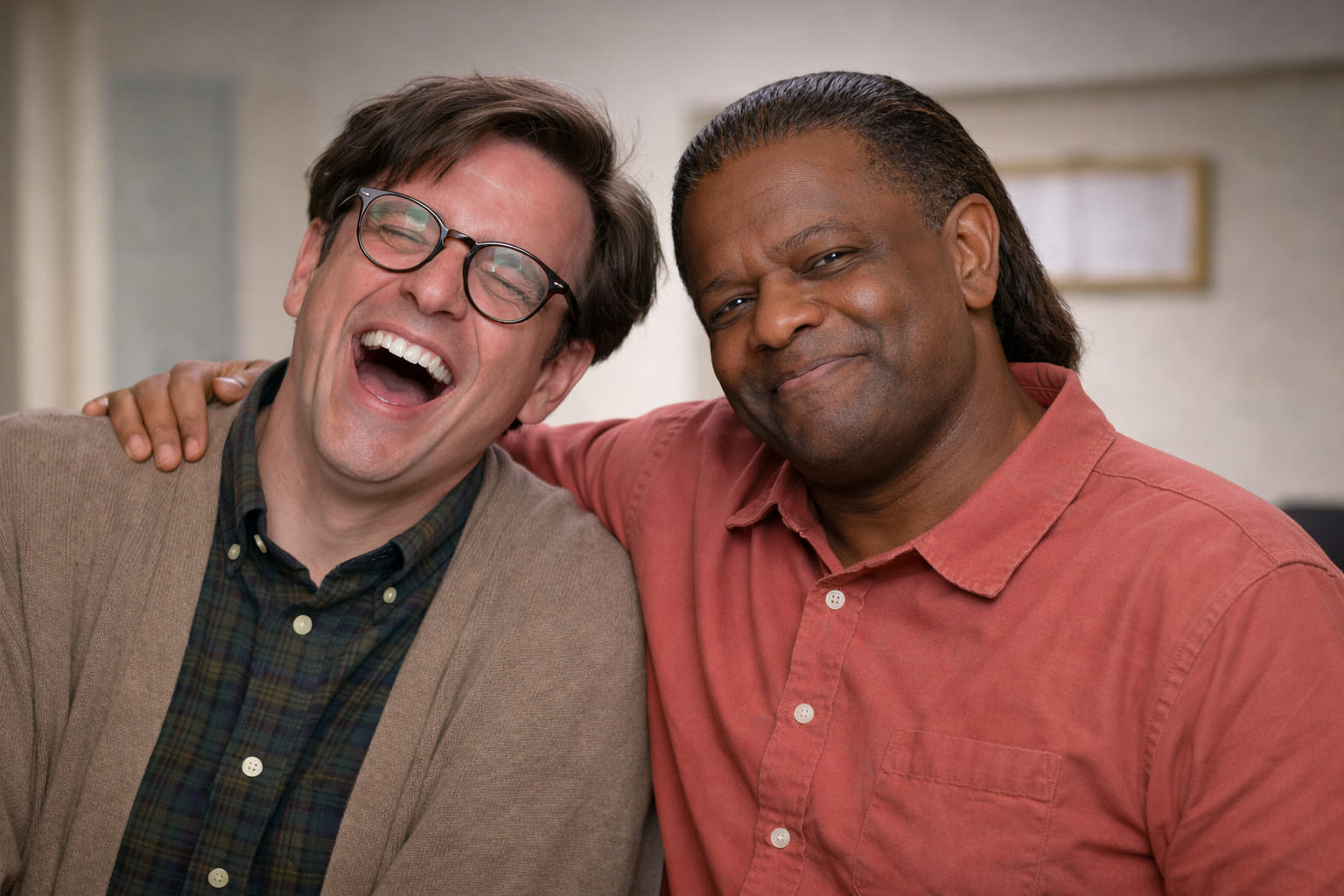 Two men standing together indoors with friendly expressions in a casual setting.